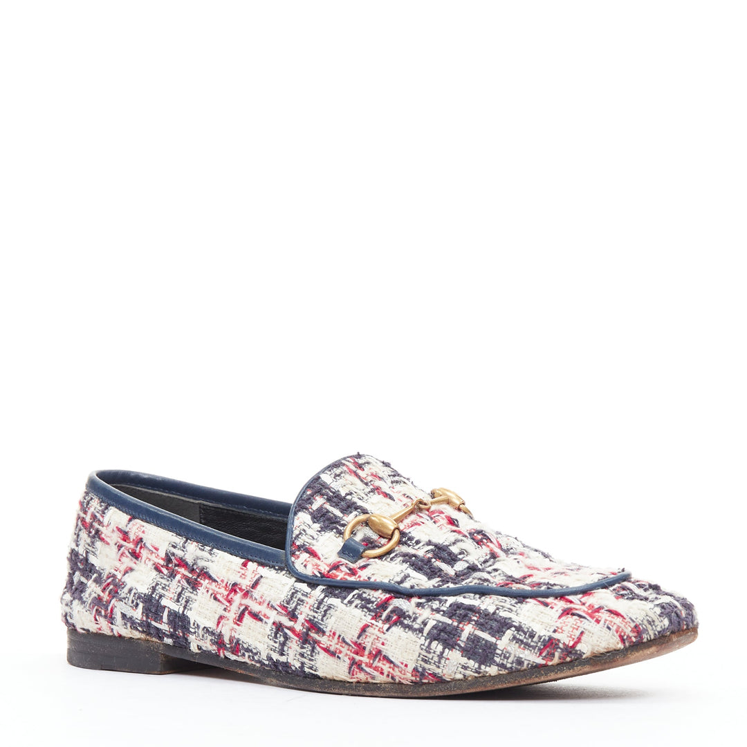 GUCCI Jordaan red blue cream tweed gold horsebit checked flat loafers EU37.5