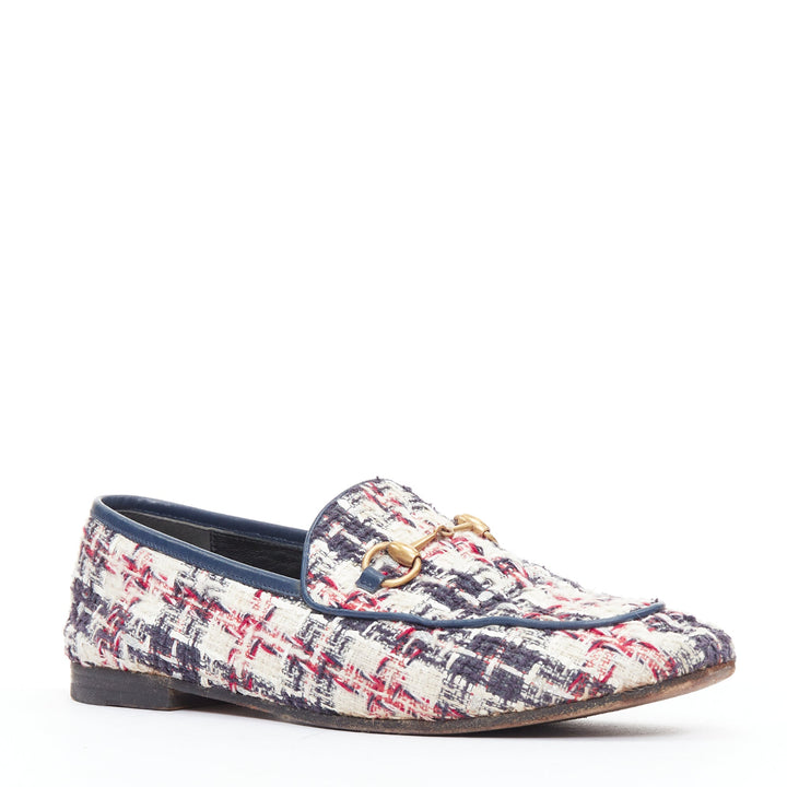 GUCCI Jordaan red blue cream tweed gold horsebit checked flat loafers EU37.5