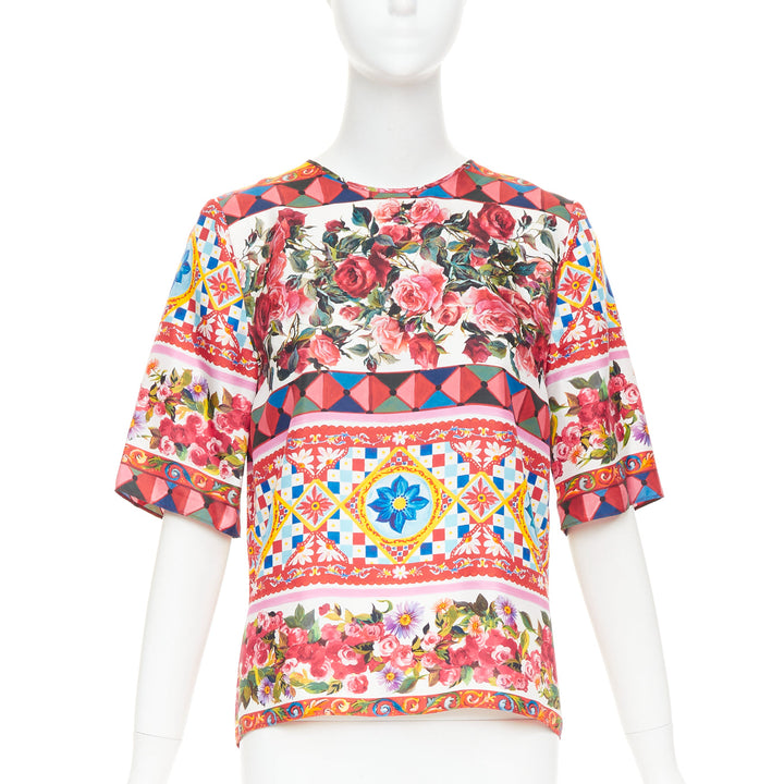 DOLCE GABBANA  Carretto Roses pink multicolor print silk crew top IT38 XS