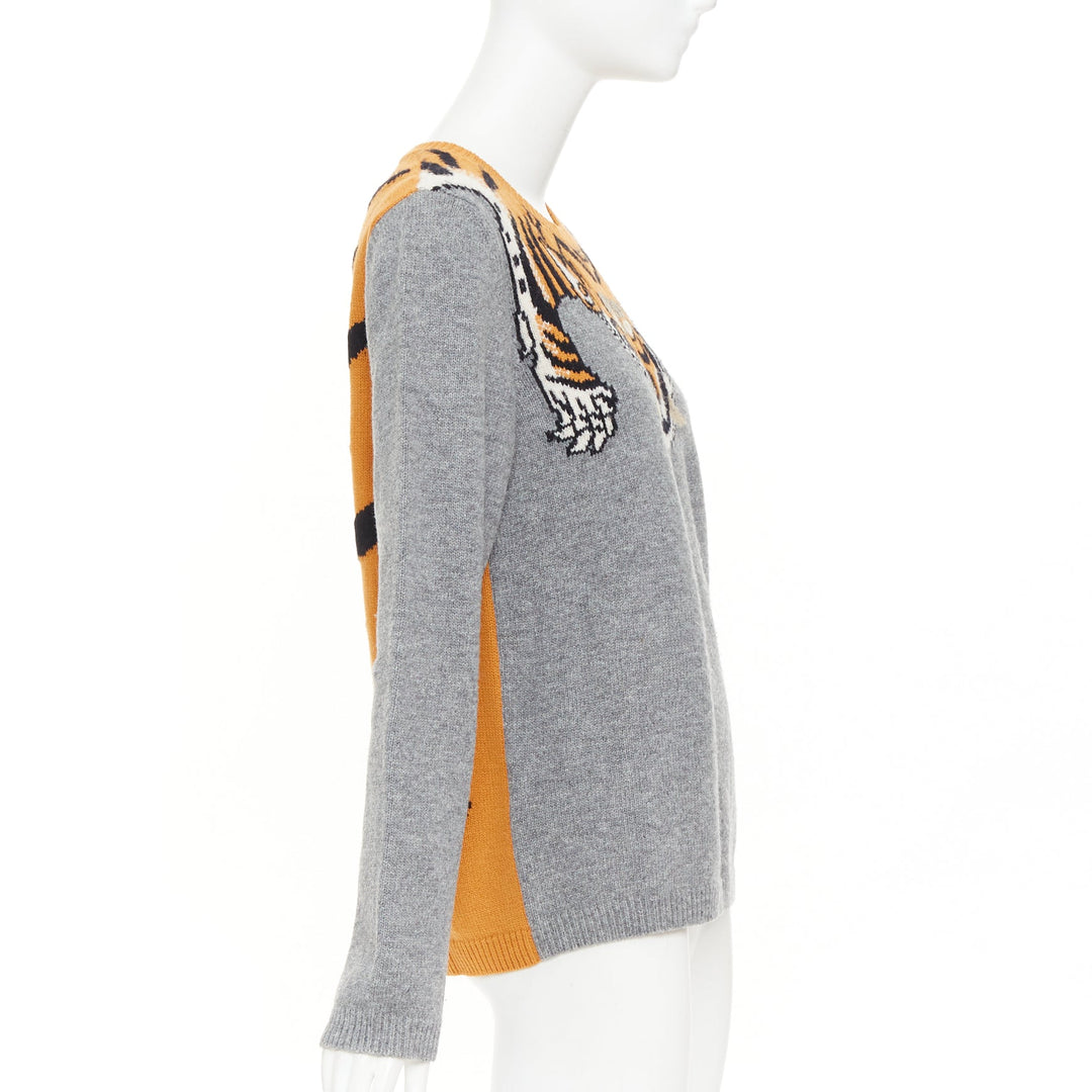 GUCCI 2016  100% wool Tiger intarsia grey animal knit pullover sweater M