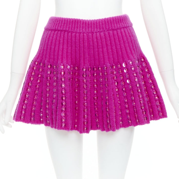 VALENTINO 2022 Runway PP Pink rhinestone embellished knitted flared skirt XS
