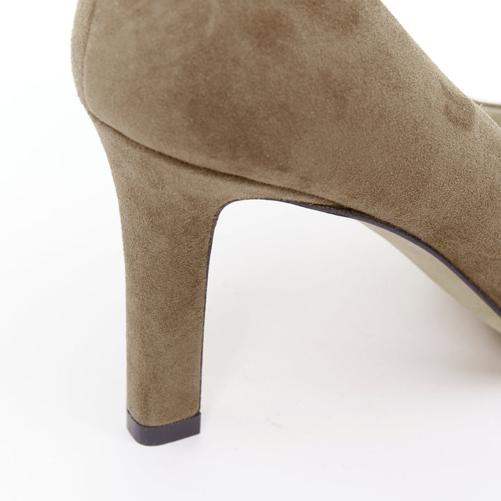 THE ROW Carla 80 dark taupe goatskin suede elongated square toes pumps EU38
