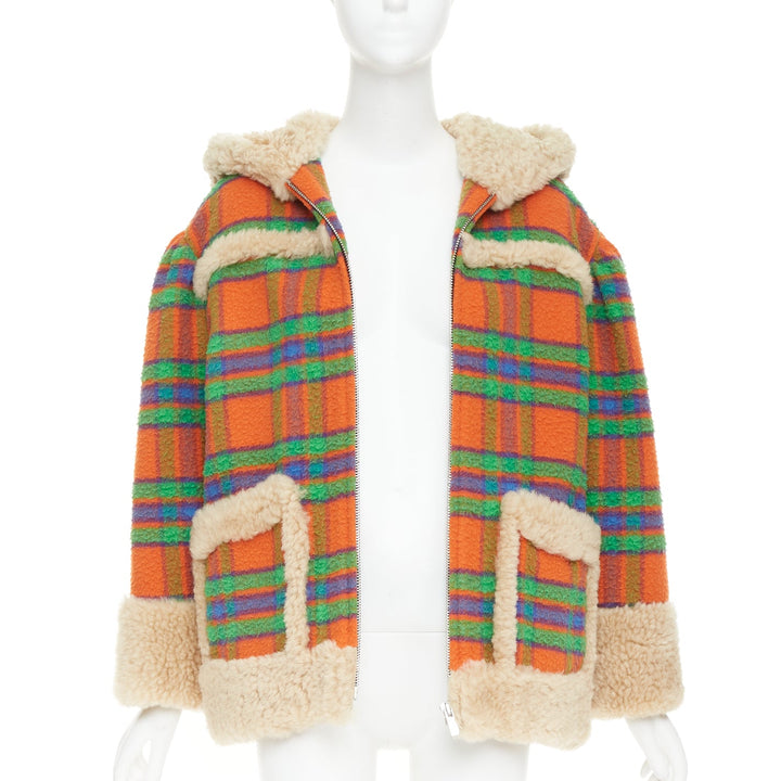 MIU MIU 2020 Plaid Casentino Shearling orange green fur trim boxy jacket IT38 XS