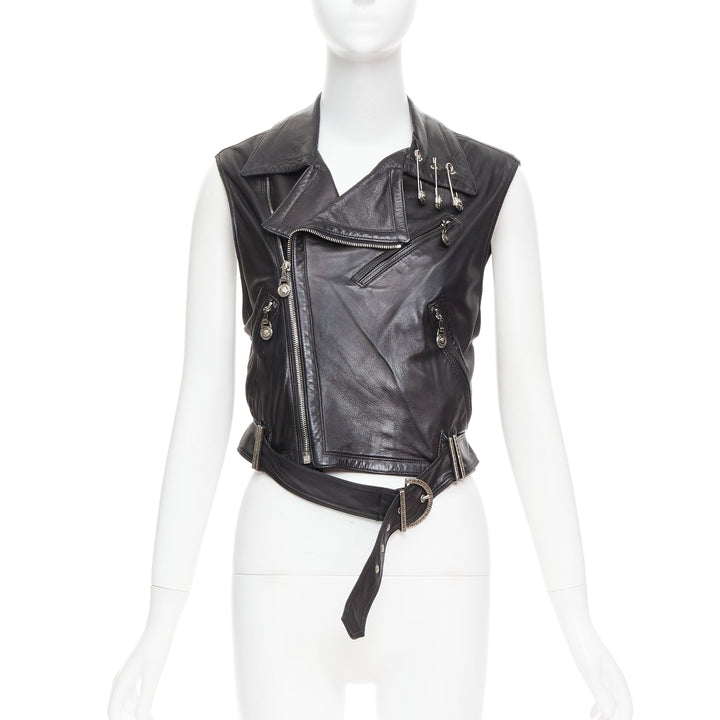 GIANNI VERSACE 1994 Vintage leather medusa safety pin biker vest IT38 XS