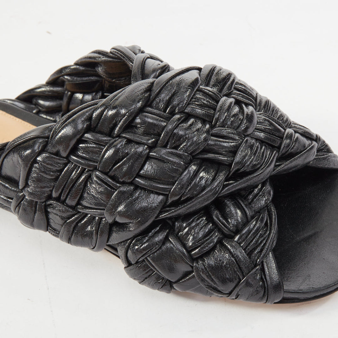 BOTTEGA VENETA The Board black woven leather crossover slide sandals EU37