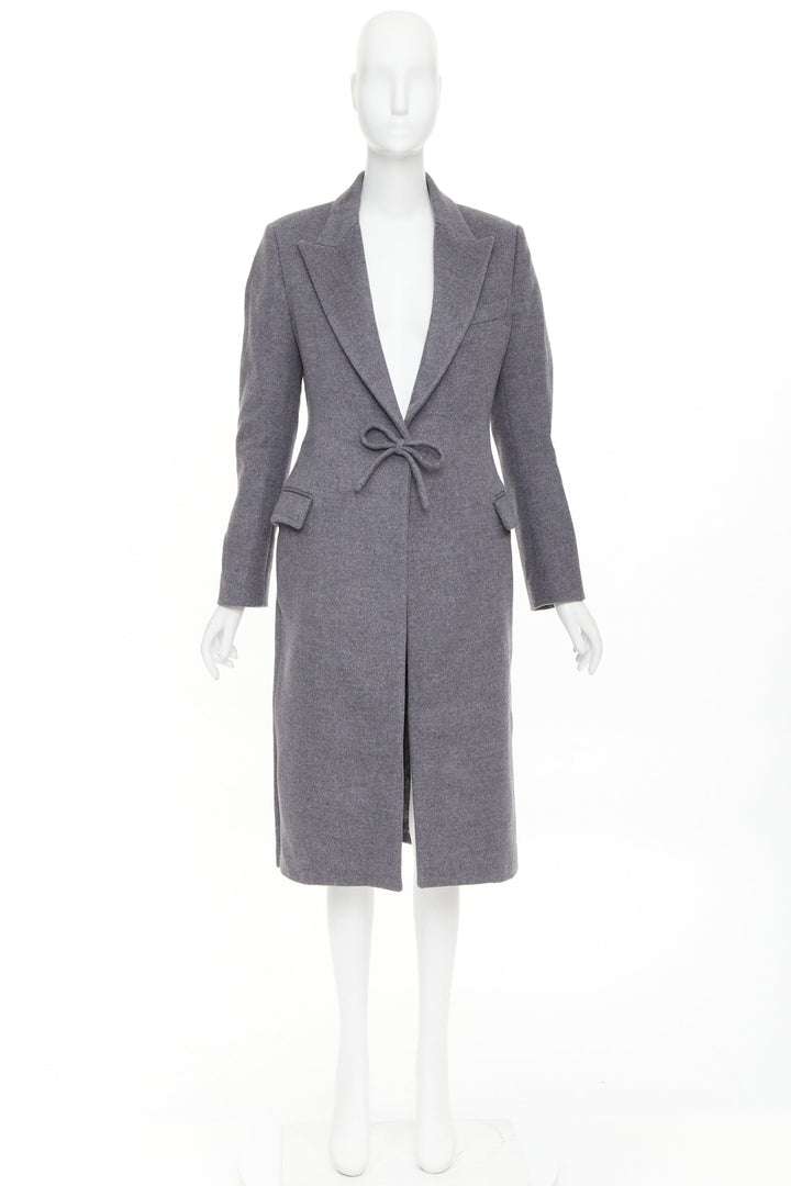 VALENTINO grey wool flannel bow tie front panelled long tailored coat IT38 XS