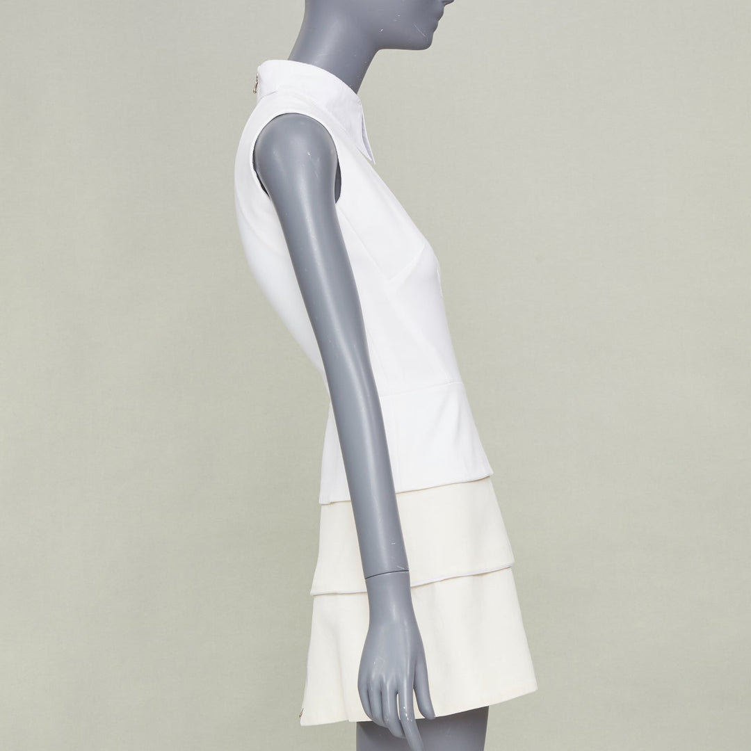 VICTORIA BECKHAM ivory cotton blend lattice bib tiered short mini dress UK6 XS