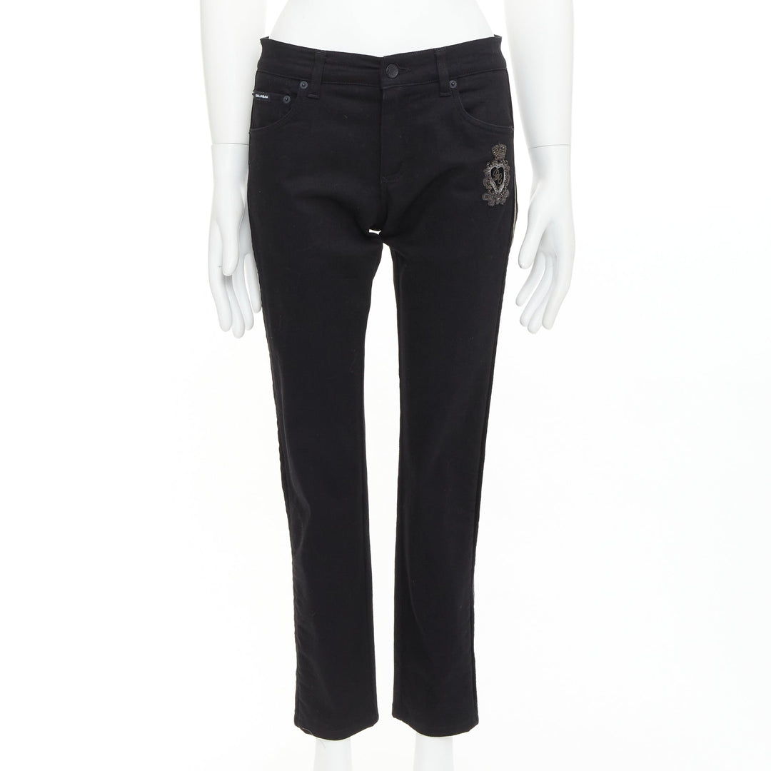DOLCE GABBANA DENIM Skinny black heart logo embroidered cropped jeans
