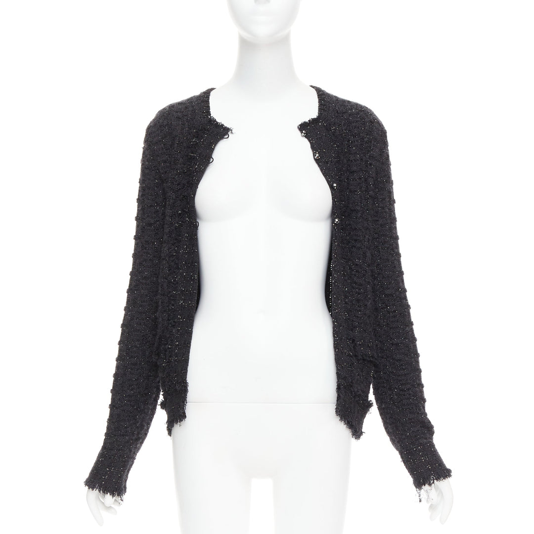 CHANEL 05A black metallic tweed silver CC logo cardigan jacket FR38 M