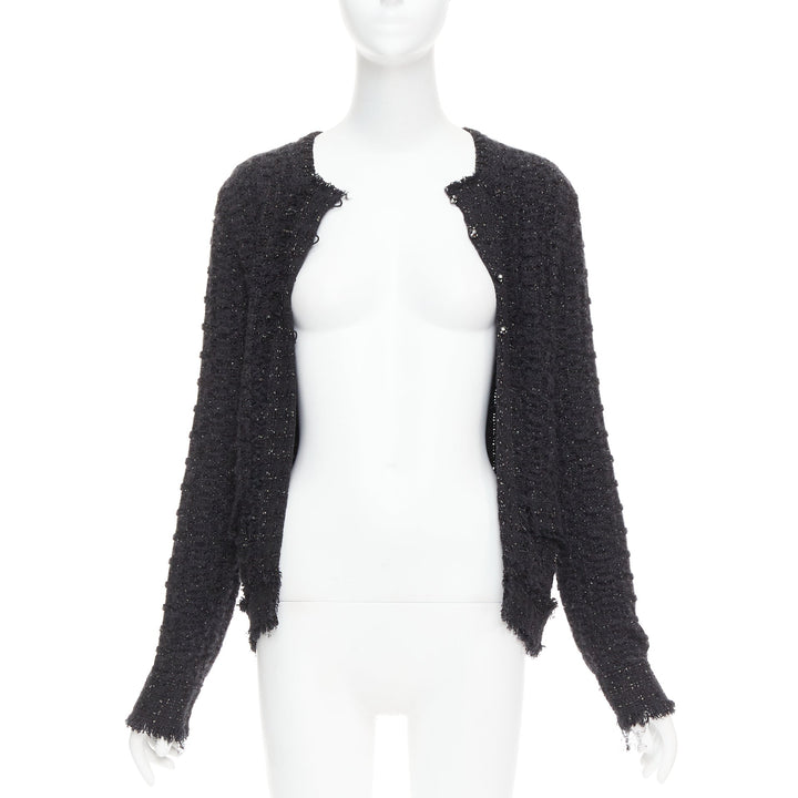 CHANEL 05A black metallic tweed silver CC logo cardigan jacket FR38 M