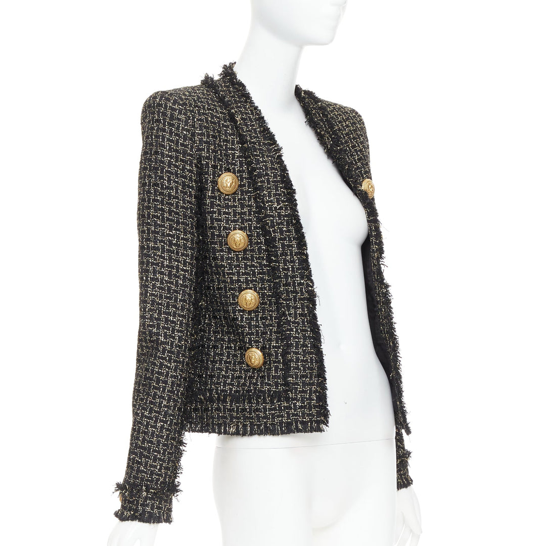 BALMAIN black gold tweed gold lion head buttons power jacket FR34 XS