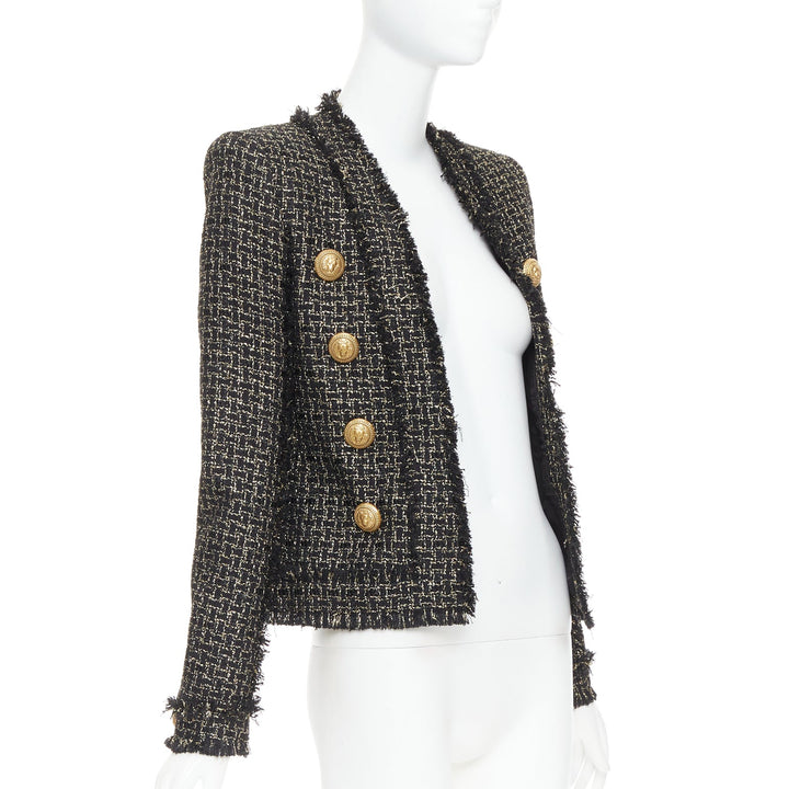 BALMAIN black gold tweed gold lion head buttons power jacket FR34 XS