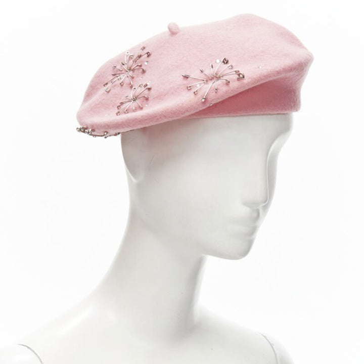 MISS JONES Stephen Jones Pins candy pink wool safety pin crystal beret hat