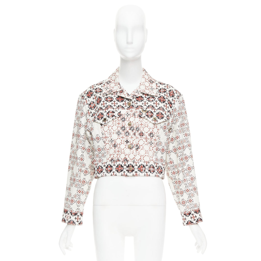 LOUIS VUITTON 2023 Vintage Monogram cream red floral denim crop jacket FR34 XS