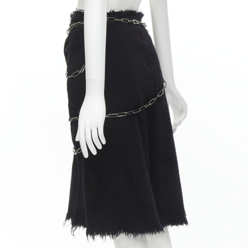 Runway JUNYA WATANABE 2003 black boiled wool frayed punk chain midi skirt S