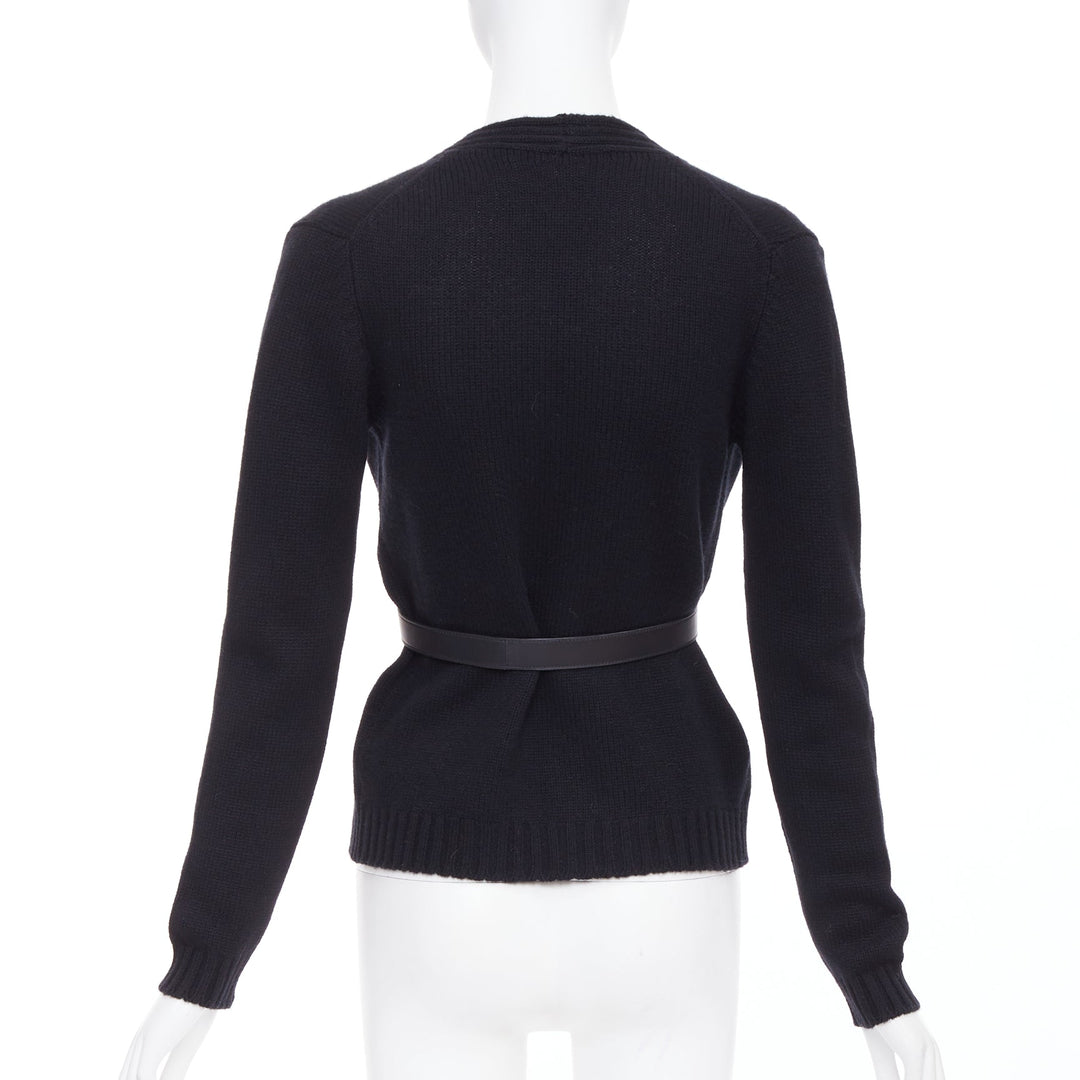 HERMES black 100% cashmere lambskin leather belted knit cardigan FR34 XS