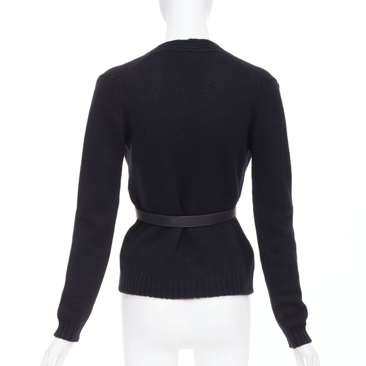 HERMES black 100% cashmere lambskin leather belted knit cardigan FR34 XS