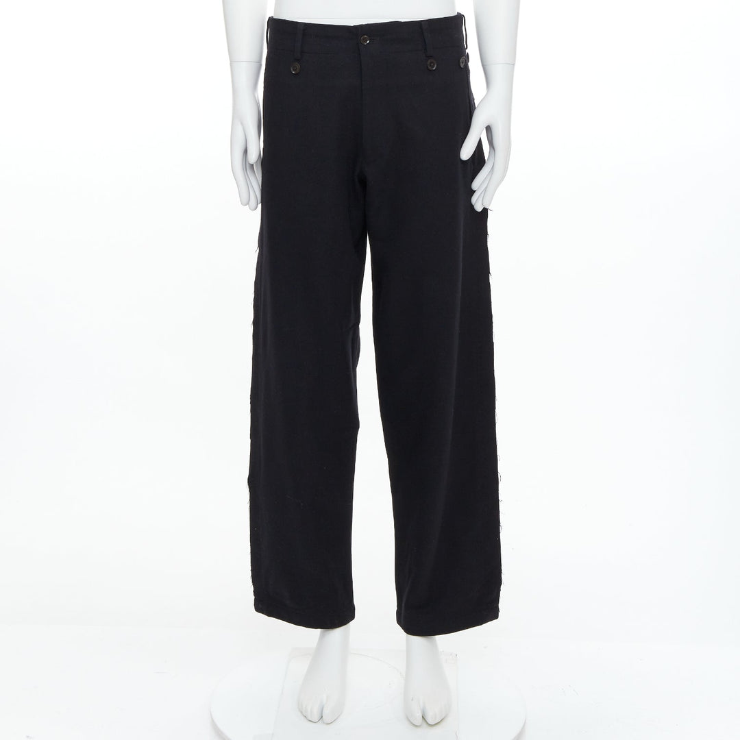 YOHJI YAMAMOTO black wool blend button embellished raw edge pants JP2 M