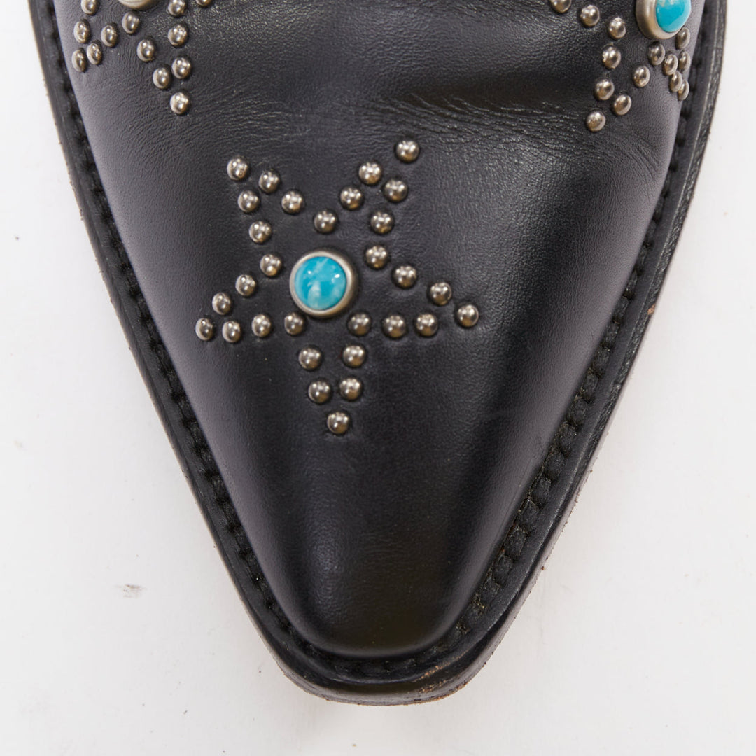 VALENTINO black leather turquoise blue stone star studded ankle boots EU40