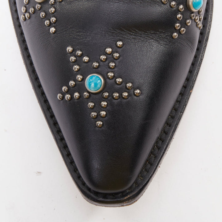 VALENTINO black leather turquoise blue stone star studded ankle boots EU40