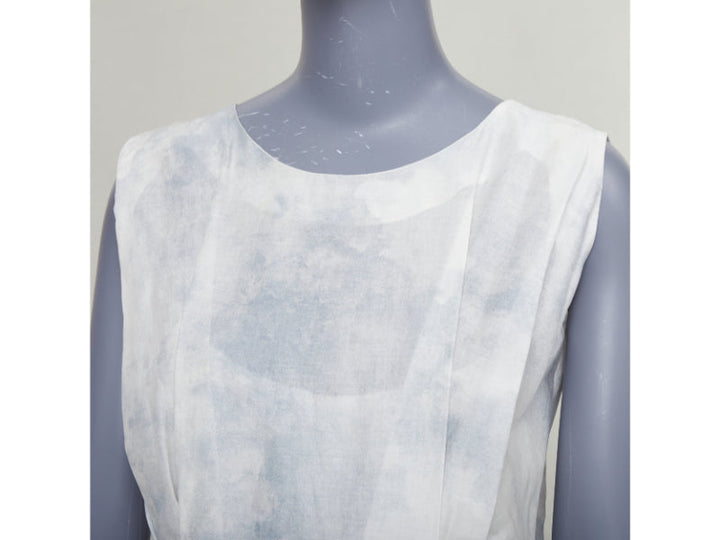 MARNI offwhite steel blue tie dye print cotton round neck layered dress IT36 XXS