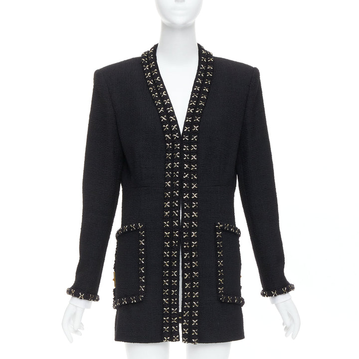 CHANEL 17A black tweed gold crosshatch braided Lionheart button long coat FR44