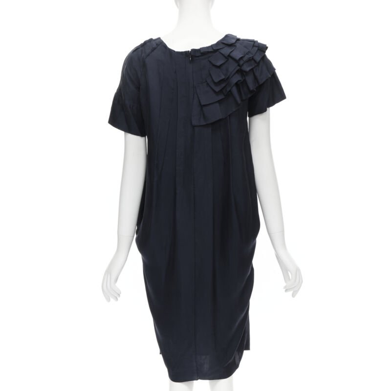 MARNI navy blue 100% silk ruffle neckline short sleeve silk dress IT38 XS