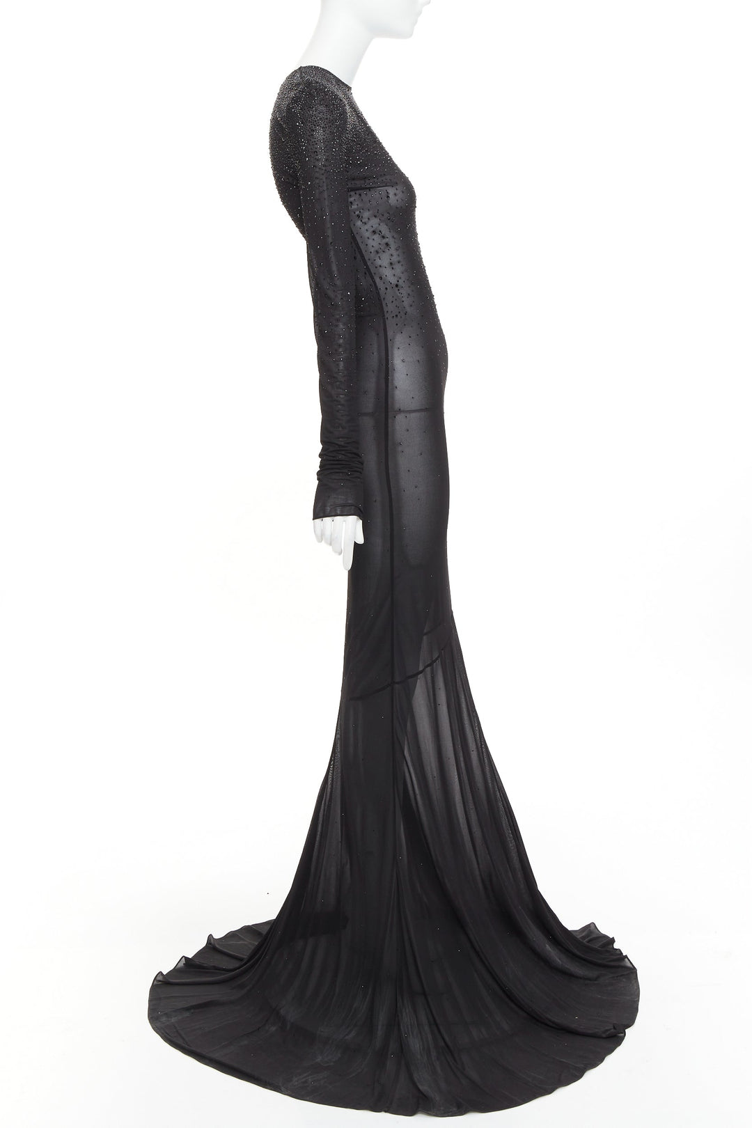 ALEXANDRE VAUTHIER black sheer degrade crystal long sleeve long train gown dress