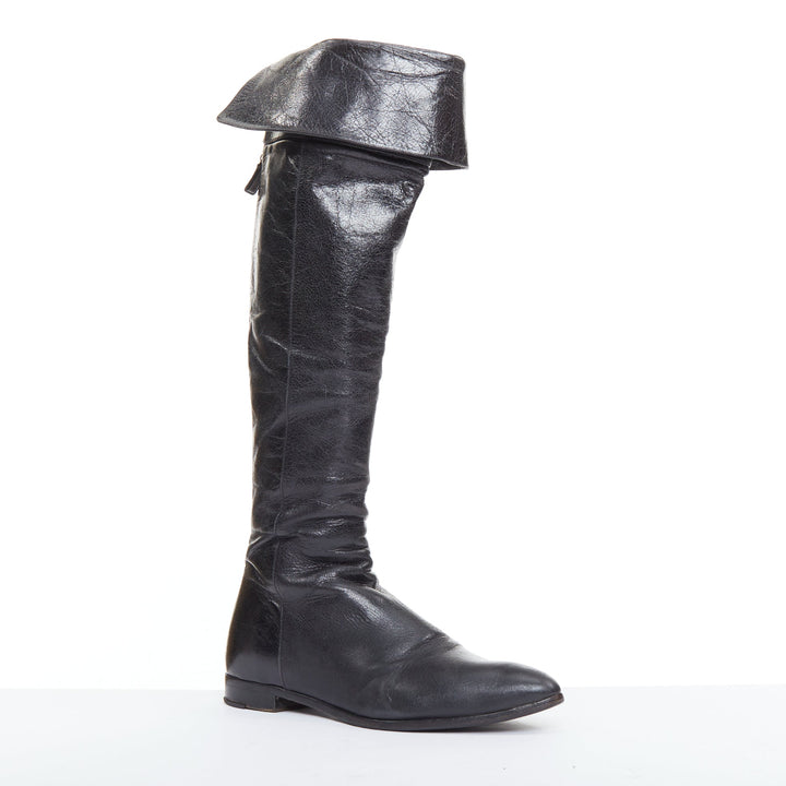 PRADA Vintage black soft nappa leather over the knee exposed back zip boots EU38