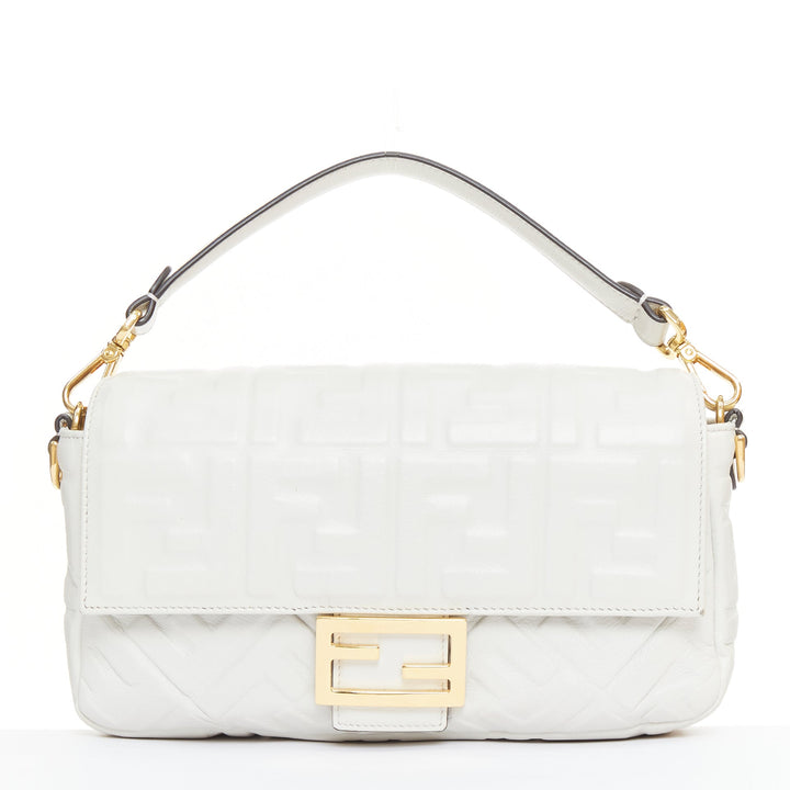 FENDI 2023 Runway Medium Baguette FF embossed white nappa leather bag