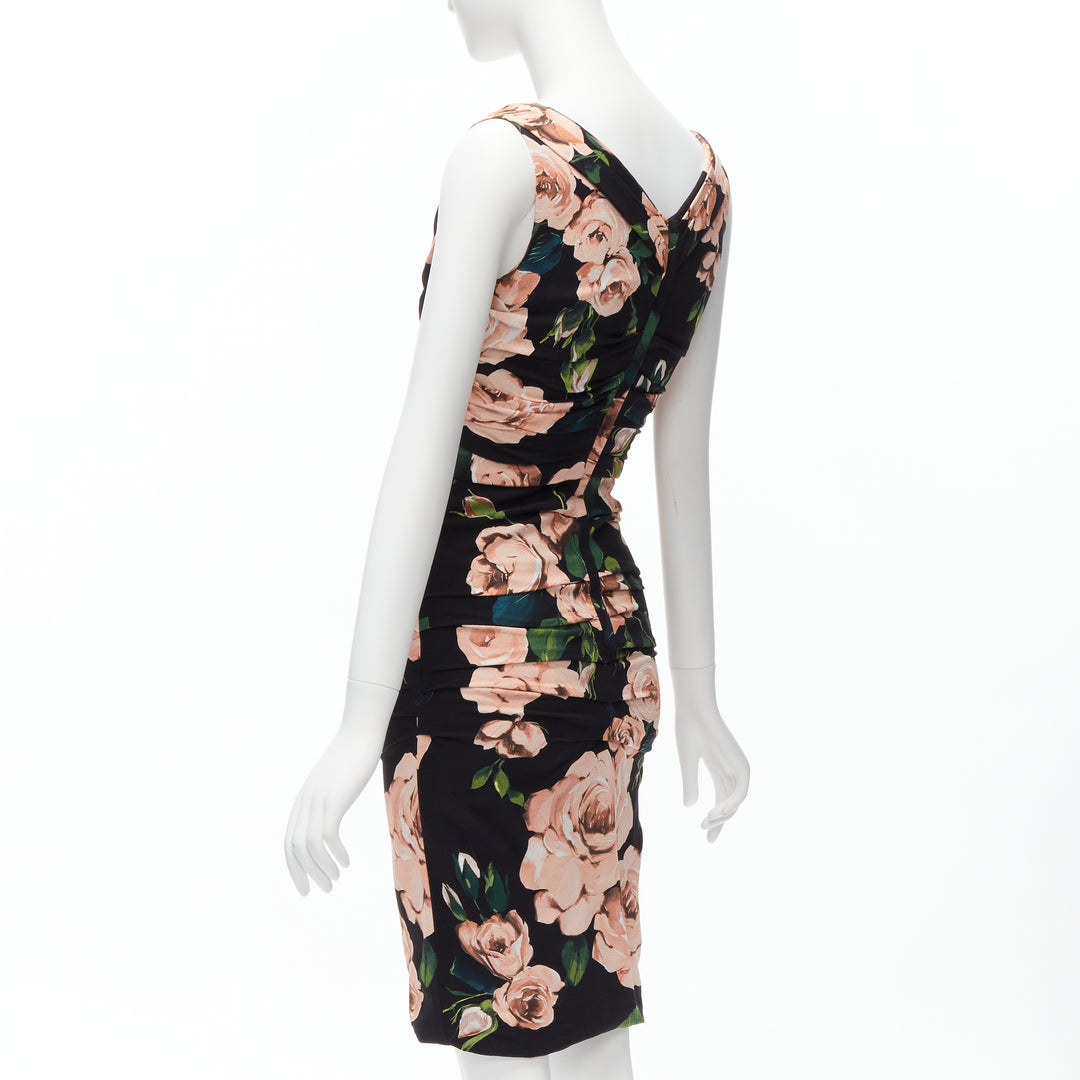 DOLCE GABBANA black pink rose print silk lined draped mid cocktail dress IT38 XS