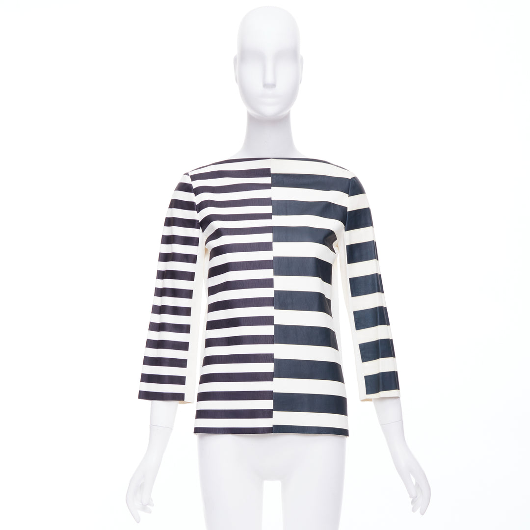 OLD CELINE Phoebe Philo genuine lambskin striped leather patch top FR38 M