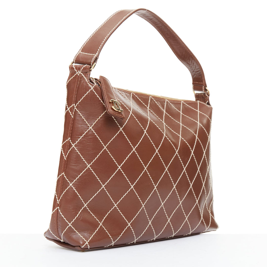CHANEL Surpique Wild Stitch brown leather gold CC logo shoulder hobo bag