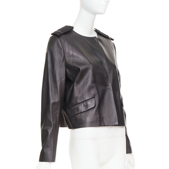 PRADA 2015 black lambskin leather grosgrain trim cropped military jacket IT44 L