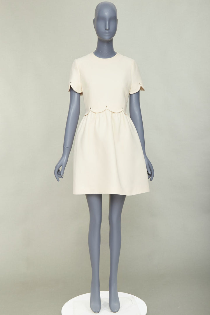 VALENTINO ivory Crepe Couture silver Rockstud scalloped Bambolina dress IT42 M