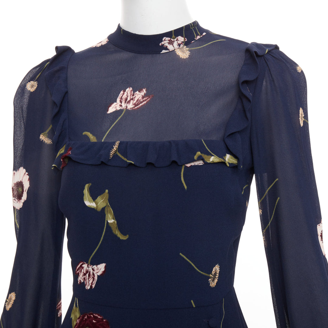 REFORMATION Gillian navy viscose floral print hi neck peasant dress US2 S