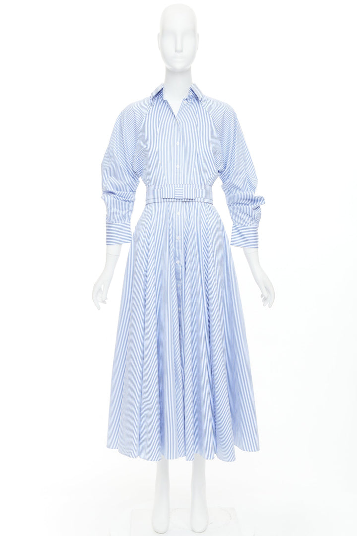 BRANDON MAXWELL blue white striped cotton twill belted midi shirt dress US0 XS