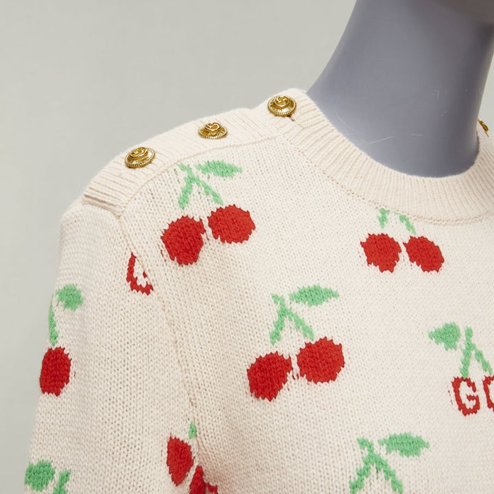 GUCCI 2023 beige red GG logo Cherries crew long sleeves sweater XS
