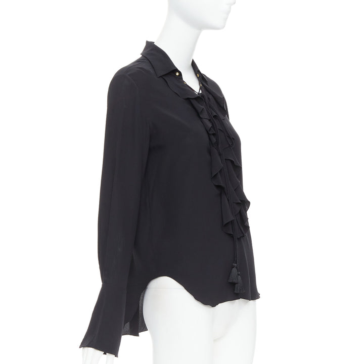 CHLOE 100% silk black ruffle trim lace up bohemian blouse shirt FR36 S