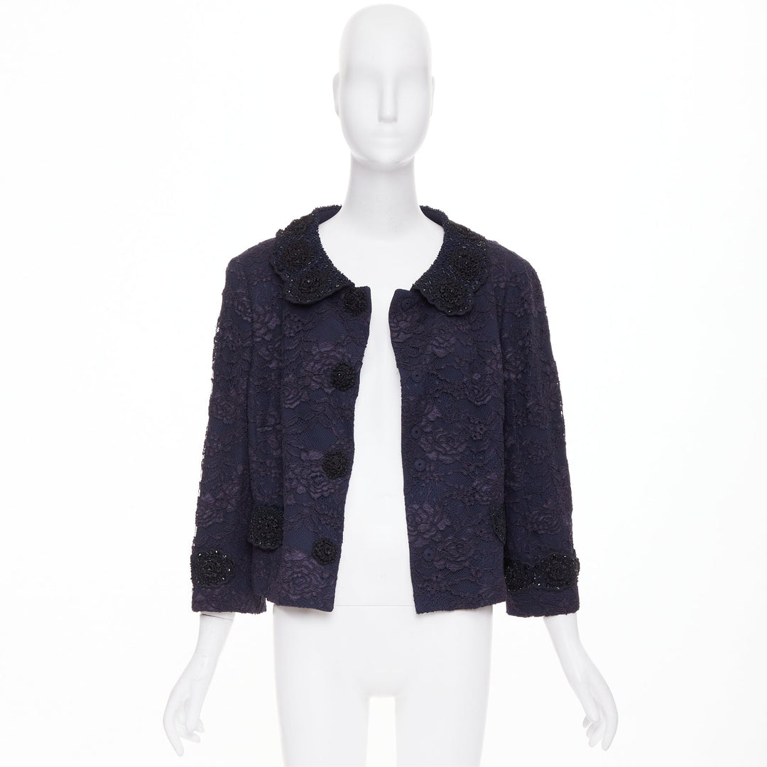 ESCADA Vintage navy lace floral bead embellished collar cropped jacket FR44 2XL