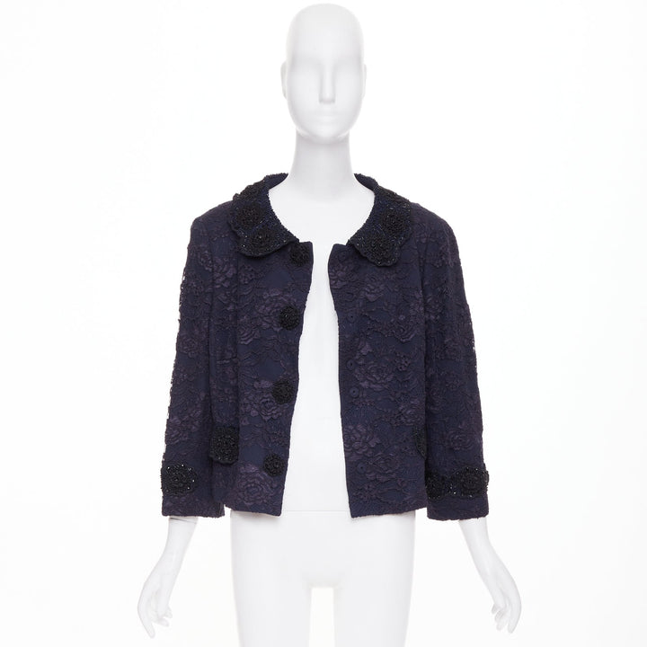 ESCADA Vintage navy lace floral bead embellished collar cropped jacket FR44 2XL
