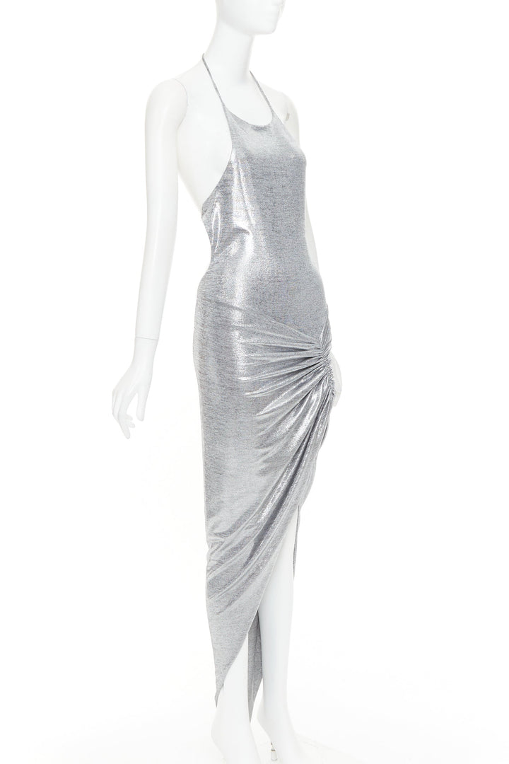 ALEXANDRE VAUTHIER platinum metallic coated jersey halter backless dress FR38 M