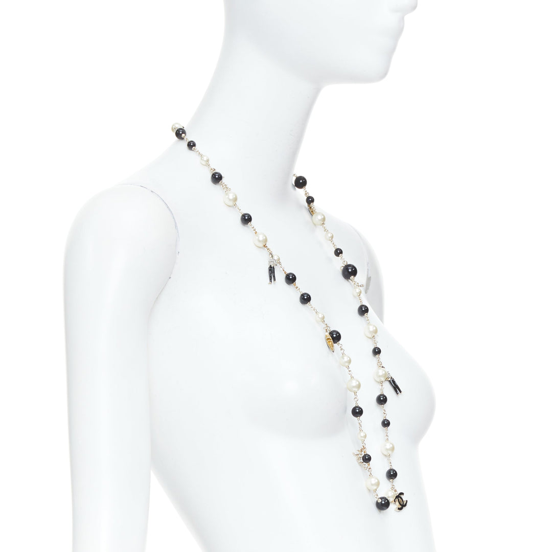 CHANEL 10C Runway CC Logo Faux Pearl Sautoir coco figurine charm necklace