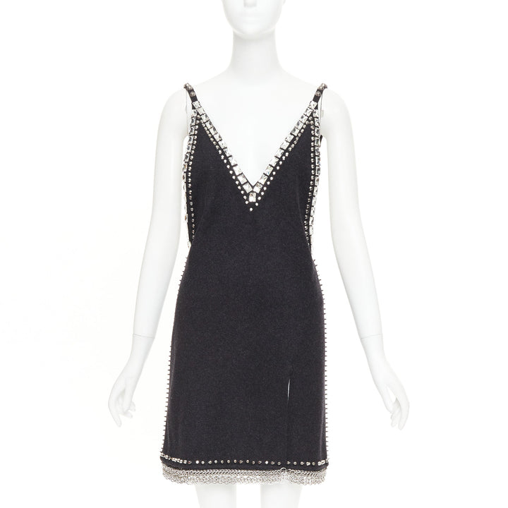 rare MIU MIU 2021 Runway charcoal wool crystal stud chainmail slip dress IT38 XS