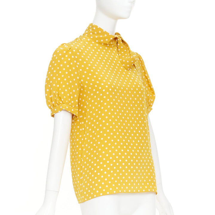 CELINE  100% silk yellow polka dot side pussybow puff sleeves blouse top FR36 S