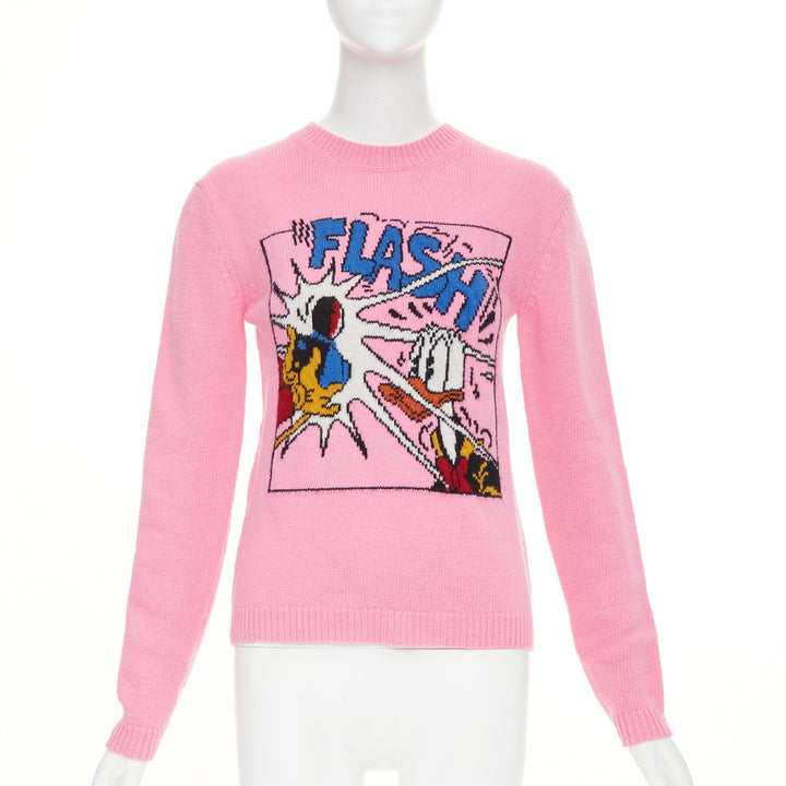 GUCCI DISNEY 2021 pink blue Donald Duck FLASH intarsia logo back sweater 3XS