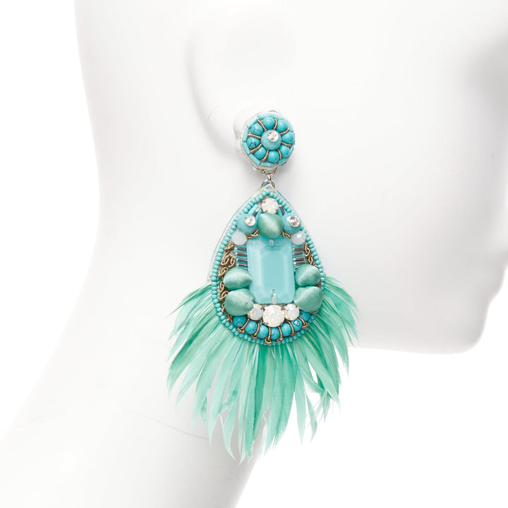 RANJANA KHAN teal green feather beads big dangling clip on earrings