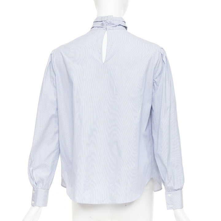 CELINE blue white pinstripe cotton high ruched collar puff sleeves blouse FR36 S
