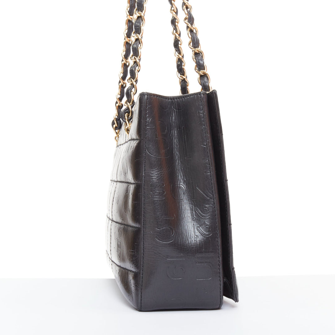 CHANEL Vintage 2002 Chocolate Bar black leather logo embossed chain tote bag