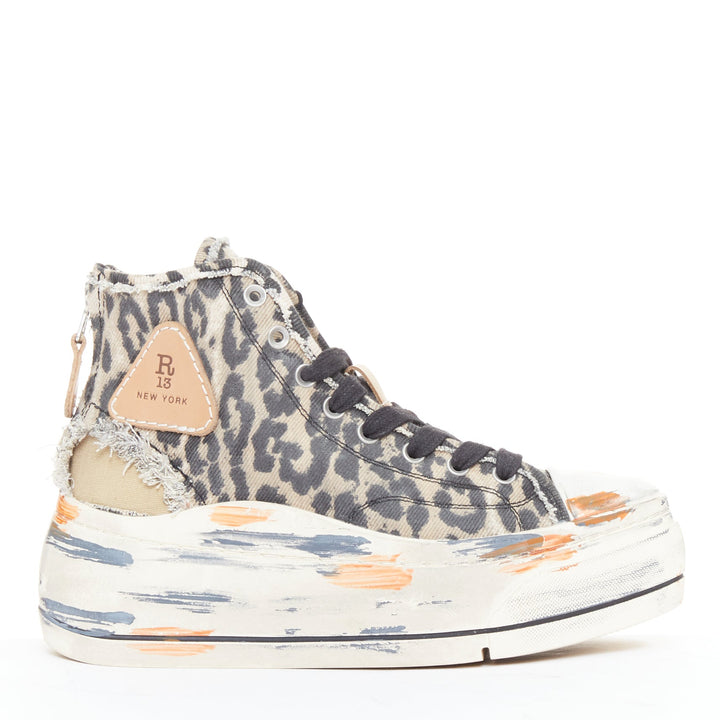 R13 Kurt beige grey leopard print orange paint effect platform high sneaker EU38